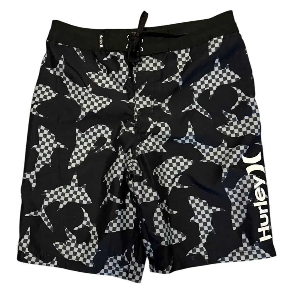Hurley Black Gray Shark Swim Board Surf Shorts Shorts EUC Size 14 27